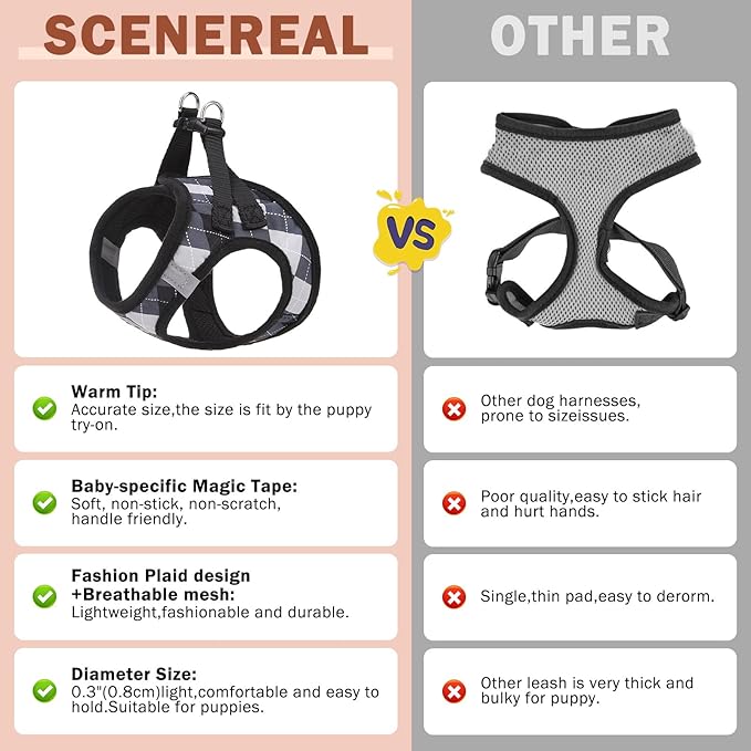 SCENEREAL Dog Harness Collar and Leash Set, Step-in No Pull Pet Vest Harnesses for Small Medium Dogs Puppy Cats, Soft Mesh No-Chock Reflective Vest Harness for Outdoor Walking Running, Black Plaid XS