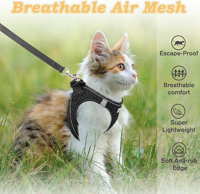 Cat Harness and Leash for Walking Escape Proof, Adjustable Kitten Vest Harness Reflective Soft Mesh Puppy Harness for Outdoor, Comfort Fit, Easy to Control (Black, S)