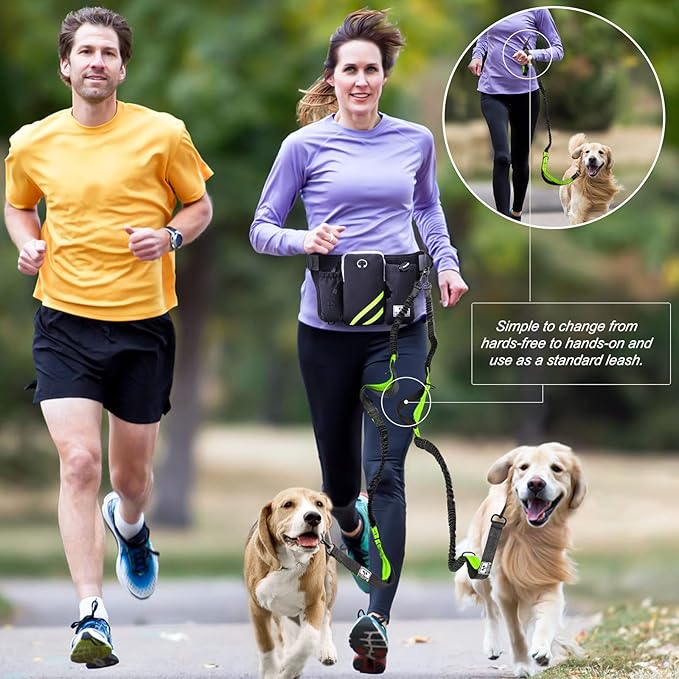 SHINE HAI Retractable Hands Free Dog Leash with Dual Bungees for 2 Dogs, Adjustable Waist Belt, Reflective Stitching Leash for Running Walking Hiking Jogging Biking Black - Green
