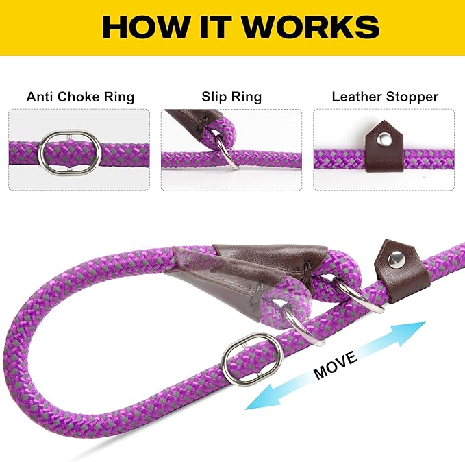 Fida Durable Slip Lead, 6 FT x 1/2" Heavy Duty Rope Leash for Large, Medium Dogs, No Pull Pet Training Leash with Highly Reflective, Purple