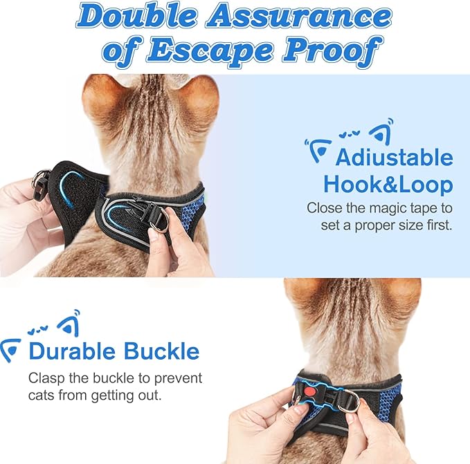 Cat Harness and Leash for Walking Escape Proof, Adjustable Kitten Vest Harness Reflective Soft Mesh Puppy Harness for Outdoor, Comfort Fit, Easy to Control (Blue, S)