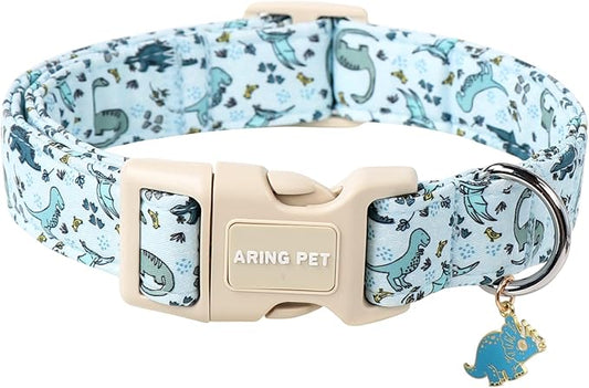 ARING PET Dinosaur Dog Collar-Cute Spring Blue Dog Collars, Adjustable Dinosaurs Print Pet Collars Puppy Collar with Quick Release Buckle