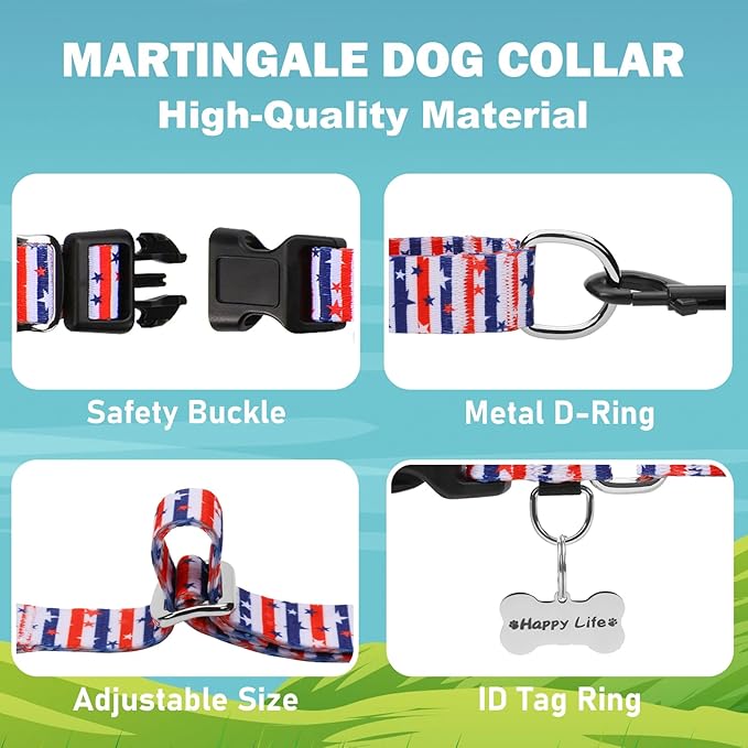 American Flag Martingale Collar 4th of July Star Holiday Dog Collar with Buckle Adjustable Pet Collars (Red Blue Patriotic Stripes, Medium)