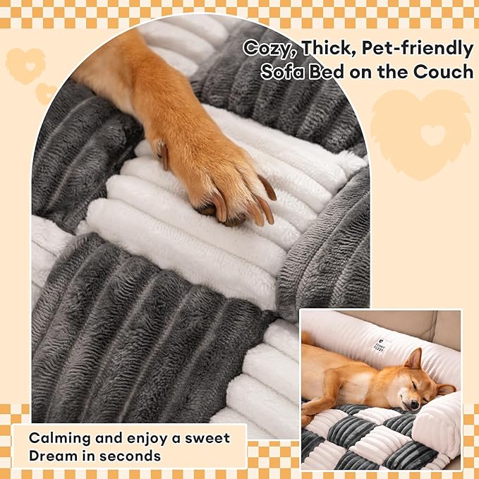 FUNNY FUZZY Pet Couch Covers for Sofa, Dog Couch Cover Bed Washable Plush Pets Mat for Furniture Protector Cream Square Plaid Cozy Sofa Pad for Cats, Medium, Black