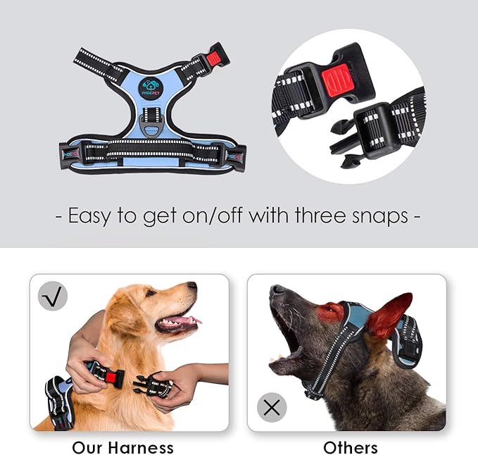 PHOEPET No Pull Dog Harness 3M Reflective Adjustable Vest with a Training Handle, Name ID Pocket, 2 Metal Leash Hooks, 3 Snap Buckles [Easy to Put on & Take Off](XL, Baby Blue)