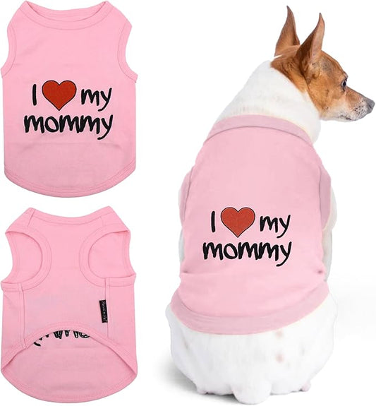 Parisian Pet Dog T-Shirt with Embroidered 'I Love My Mommy' Words - 100% Cotton, Pink Dog Clothes - Breathable Sleeveless Pet Vest - Dog Shirts for Small Dogs, XXS