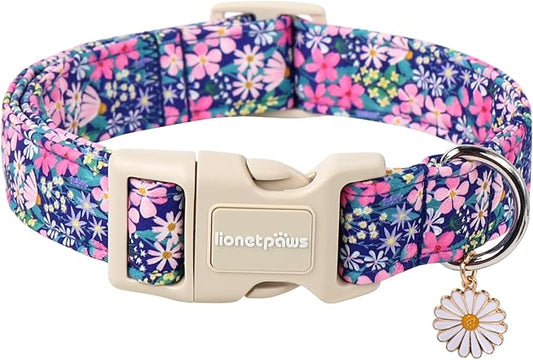 Lionet Paws Floral Dog Collar- Cute Spring Wildflowers Daisy Fleabane Dog Collars with Plastic Buckle, Light Adjustable Dog Collars for Medium Dogs