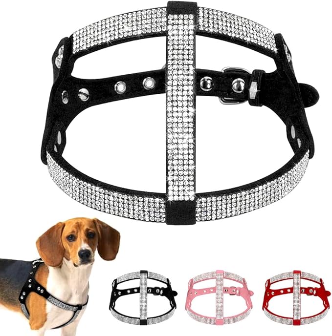 Beirui Soft Leather Dog Harness and Leash Set - Rhinestone Dog Harness Sparkly Crystal Vest & 4 ft Lead for Small Dogs & Cats Pets Chihuahua Schnauzer Yorkshire,Black,Chest for 12-14"