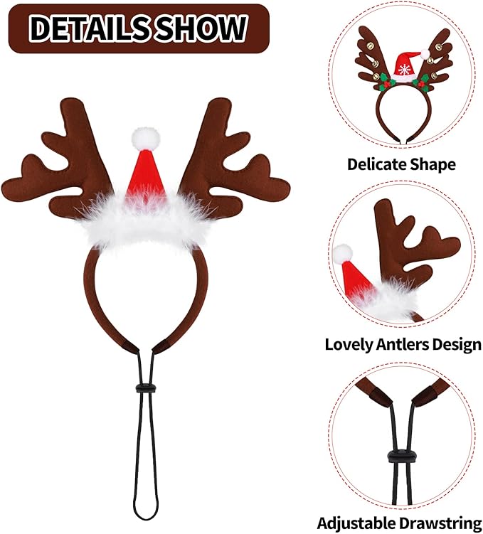 Pedgot 3 Pack Christmas Pet Headwear Xmas Hair Loop Brown Reindeer Antlers Headband Christmas Pet Costume Hair Accessory for Dogs