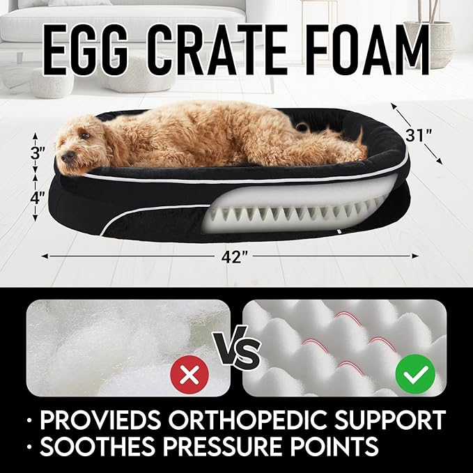 OhGeni Orthopedic Big Dog Couch X-Large Sized Pet Beds for Fathers Gifts with Comfort Foam Support, Soft Indestructible Fabric, Machine Washable Waterproof Removable Cover, 42-Inch (Black)