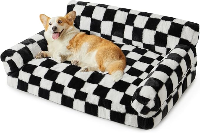 BFPETHOME Dog Couch Bed, Cute Pet Sofa with Non-Slip Bottom, Checkered Dog Bed with Washable Cover, XL Pet Couch (Black&White)