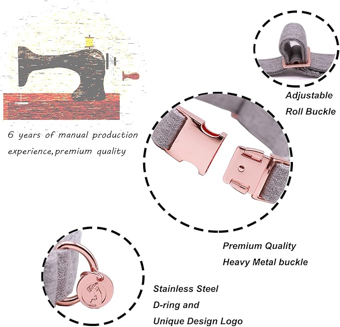 DOGWONG Hemp Cotton Dog Collar with Bow Grey Pet Collar Durable Adjustable Puppy Collar for Small Medium Large Dogs