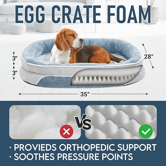 OhGeni Orthopedic Dog Couch Large Sized Pet Beds for Fathers Gifts with Comfort Foam Support, Soft Indestructible Fabric, Machine Washable Waterproof Removable Cover, 35-Inch (Washed Blue)