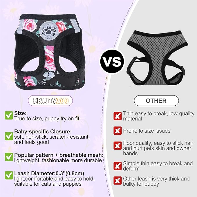 BEAUTYZOO Step in Dog Leash Set, Floral Pattern Reflective Harness No Pull No Choke Puppy Harness for XXS XS S Pets, Soft Padded Mesh Vest for Girl and Boy Dogs and Cats