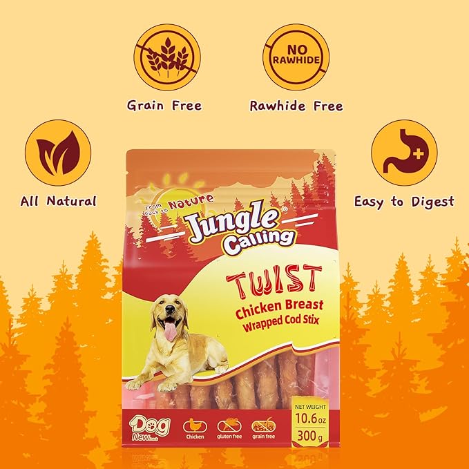 Jungle Calling Rawhide Free Treats for Dogs, Chicken Wrapped Cod Sticks Dog Treats, Soft Chewy Treats for Training Rewards, 10.6 oz (Chicken)