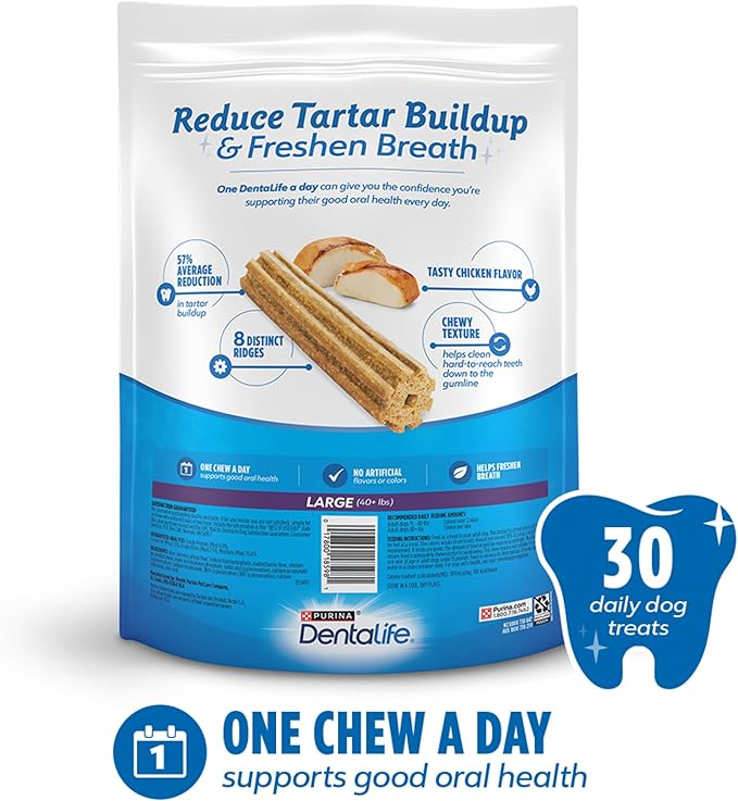 DentaLife Daily Oral Care Dog Treats for Large Dogs 40 plus lbs., Chewy Dental Treat to Freshen Breath and Fight Tartar, Chicken Flavor, 36 oz. each, 30 Chews each/60 Total Chews - 30 ct. Pouch