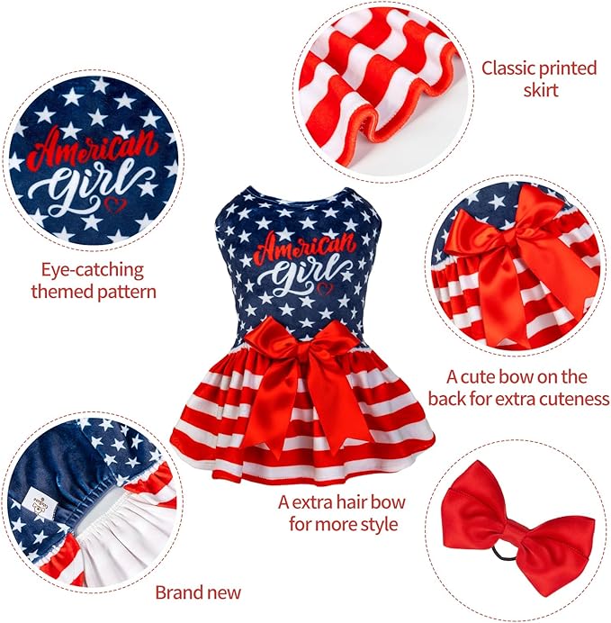 CuteBone Dog Dresses Velvet 4th of July Small Dogs Clothes Onesie Pet Apparel Girl Puppy Skirt with Bow Hair Rope CVA39S-D
