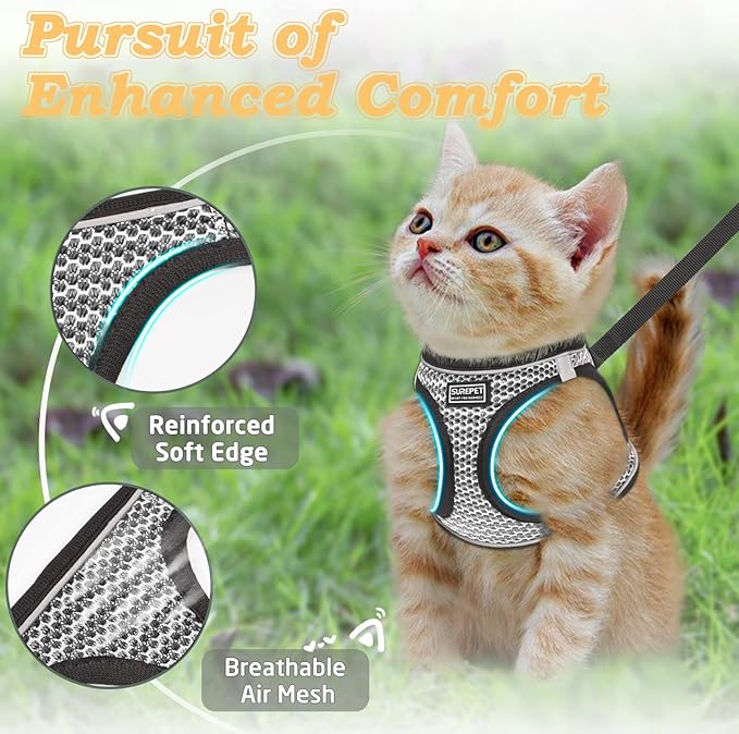 Cat Harness and Leash for Walking Escape Proof, Adjustable Kitten Vest Harness Reflective Soft Mesh Puppy Harness for Outdoor, Comfort Fit, Easy to Control (Gray, M)