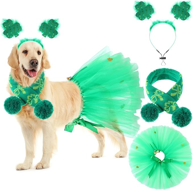 3 Pcs St Patrick's Day Dog Costume Set Including Sequins Shamrock Headband St. Patrick's Day Dog Tutu Dress Cute Pet Tutu Green Irish Pet Scarf for Medium Dogs Holiday Outfit Accessory