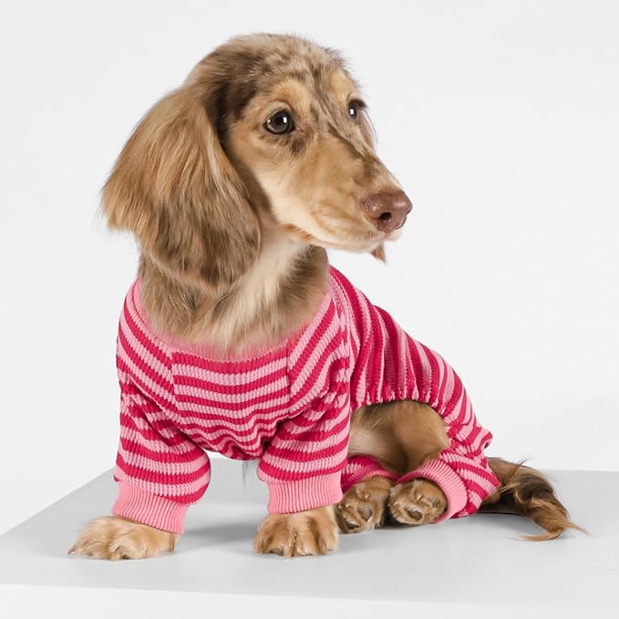 Fitwarm Pink and Red Striped Dog Pajamas, Waffle Dog Clothes for Small Dogs Girl Boy, Puppy Onesie with Feet, Pet Cat Outfit, XS