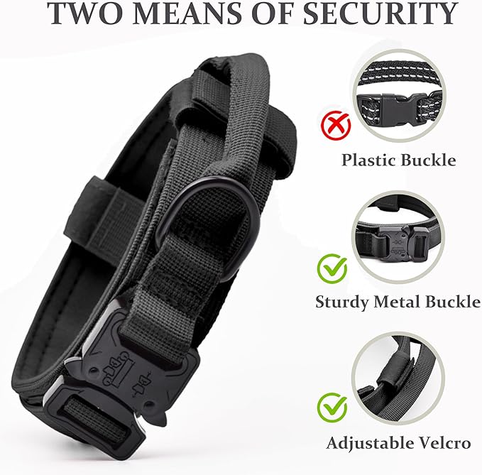 Tactical Dog Collar, Adjustable Military Training Nylon Dog Collar with Control Handle and Heavy Quick-Release Metal Buckle for Small Medium Large Dogs, Black M