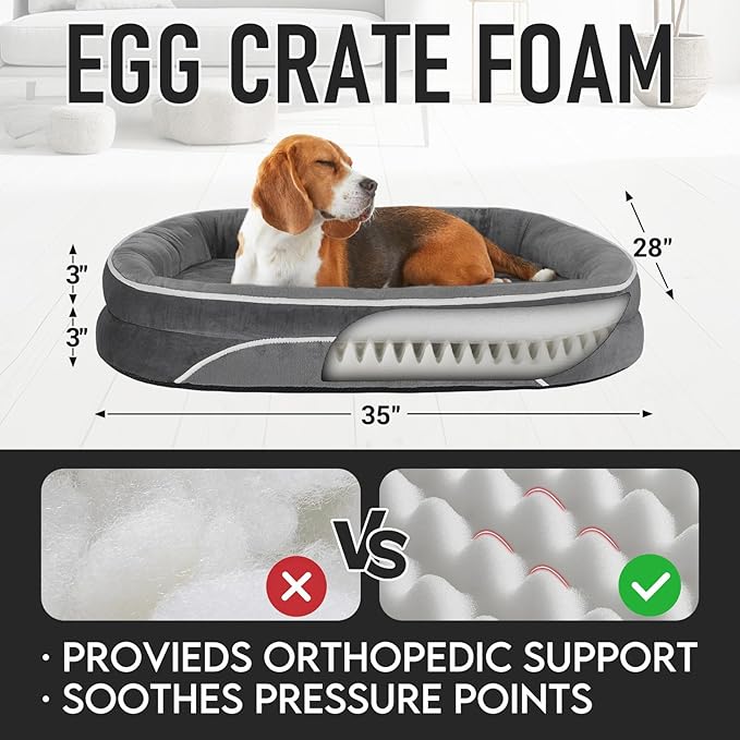 OhGeni Orthopedic Dog Couch Large Sized Pet Beds for Fathers Gifts with Comfort Foam Support, Soft Indestructible Fabric, Machine Washable Waterproof Removable Cover, 35-Inch (Gray)