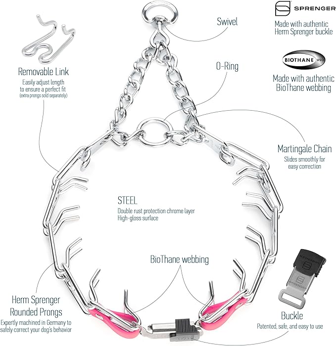Herm Sprenger Chrome Plated Steel Dog Collar with Quick Release ClicLock Buckle and Biothane Insert Training Collar for Dogs Made in Germany (Passionfruit Pink, 25in x 4.0mm(Neck Size up to21-22in))
