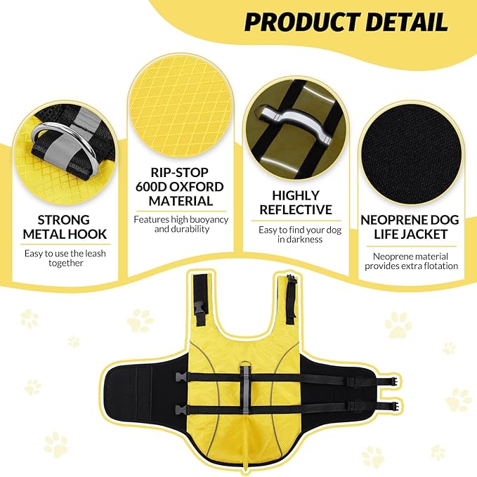 Queenmore Large Dog Life Jacket, Dog Life Vest for Swimming, Cute Shark Life Vest with Rescue Handle/Leash Hook, Safety Dog Lifevests for Boating/Kayaking, Pet Life Jackets for Big Dogs (Yellow,L)