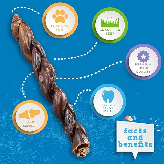 Jack&Pup Braided Beef Gullet Sticks for Dogs | 12" Beef Esophagus Dog Treats | Single Ingredient Beef Sticks for Dogs (5 Ct)