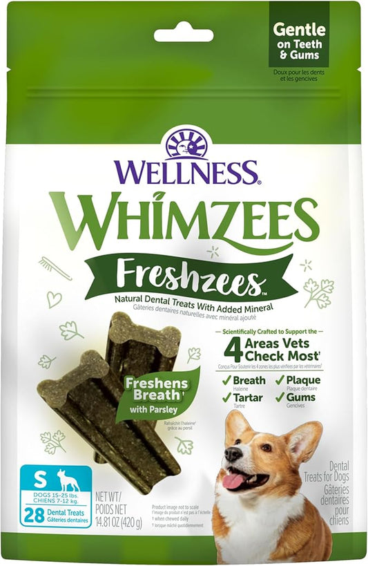 WHIMZEES Wellness Freshzees Dog Dental Treats, Natural Chews, Small Size Stick, (28 Count)