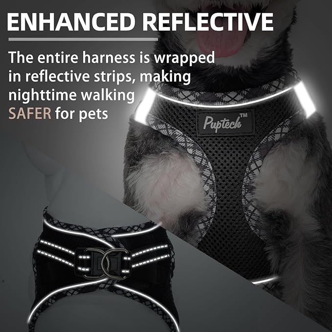 PUPTECK Dog Harness and Leash Set for Small Medium Dogs No Pull Step-in Soft Mesh Puppy Cat Vest Harnesses Reflective at Night, Upgraded New Black L