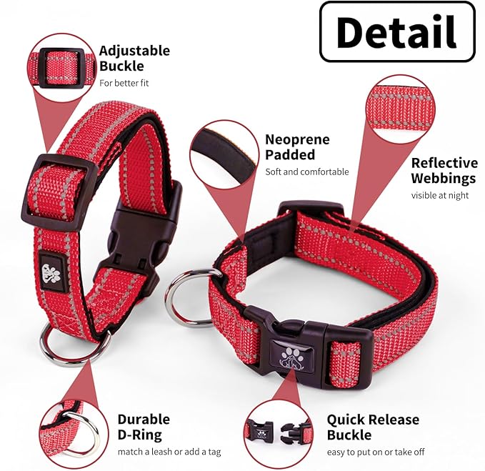 NESTROAD Reflective Dog Collar and Leash Set,Soft Neoprene Pet Collar with Quick Release Buckle,Adjustable Nylon Dog Collars for Small Medium Large Dogs(Medium Collar + 5FT Leash,Red)