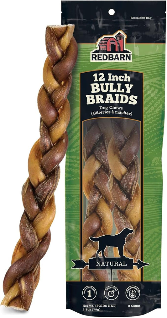 Redbarn Pet Products All-Natural 12" Braided Bully Sticks for Dogs - Premium Grain-Free & Rawhide-Free Single Ingredient Long Lasting Low Odor Dental Treat for Chewers - 2 Count