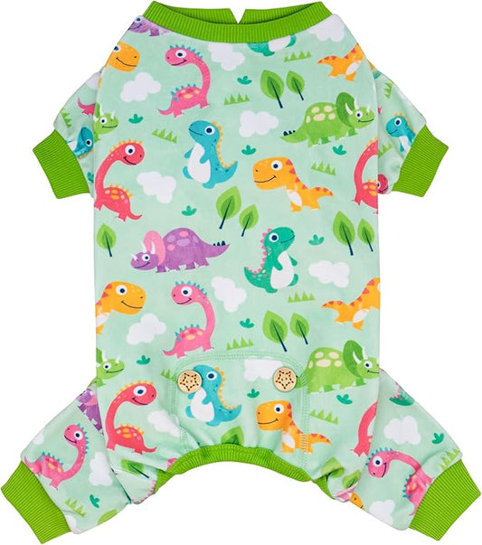 KYEESE Dog Pajamas Small Dog Pajamas with Colorful Dinosaurs Stretchy Pet Jammies Onesie Comfy Clothes for Dogs Boy Girl Velvet Pjs Jammies Soft Outfit, Medium