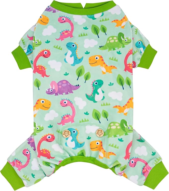 KYEESE Dog Pajamas Soft Outfit Velvet Pjs Comfy Clothes for Dogs Boy Girl Stretchy Pet Jammies Onesie Small Dog Pajamas with Colorful Dinosaurs, Large