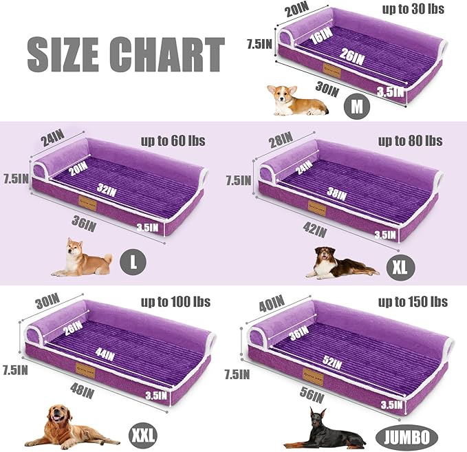 Patas Lague Orthopedic XXL Dog Bed for Extra Large Dogs 48''X30'', Waterproof Comfortable L Shaped Big Large Non-Slip Soft Warm Pet Sofa Sleep Bed mat with Removable Washable Cover, Purple