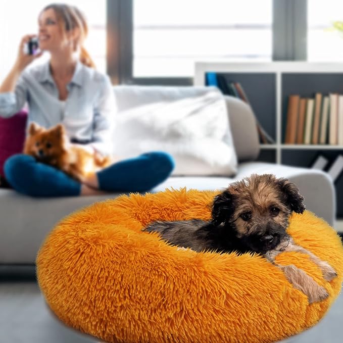 Round Small Dog Bed Washable Cozy Soft Calming Pet Bed with Anti-Anxiety Fits up to 15lbs,Orange 19 inches