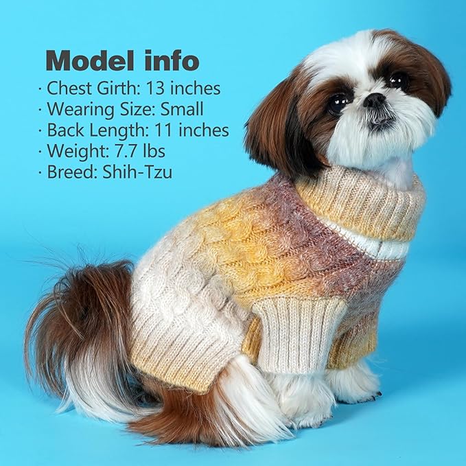 KYEESE Dog Sweater Thick Cable Knit Puppy Sweater Gradient Color Small Dog Sweater Fuzzy Warm with Sleeves, Brown, X-Small