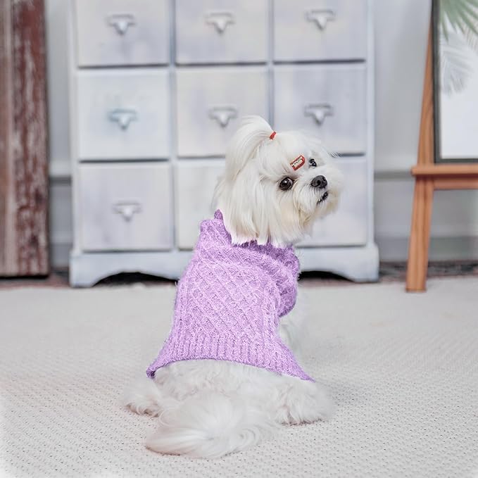 Turtleneck Small Dog Sweaters - Classic Cable Knitwear Winter Coat for Small Medium Dogs Male Female Puppy Dog Cold Weather Clothes Girls Boys, Purple, S/M