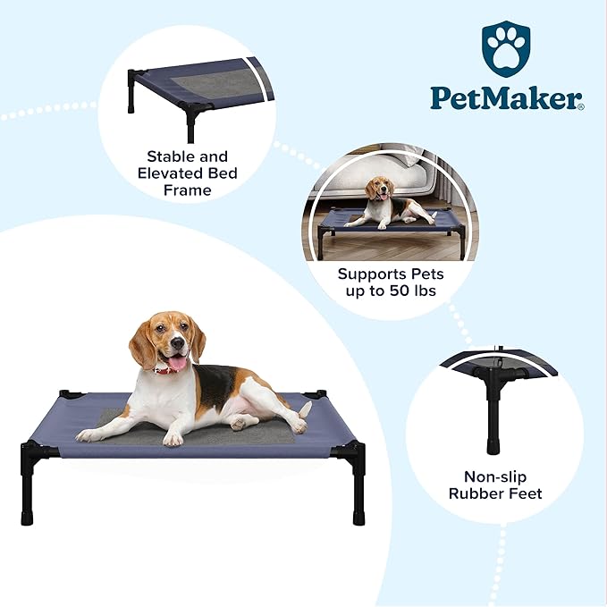 Elevated Dog Bed - 30x24-Inch Portable Pet Bed with Non-Slip Feet - Indoor/Outdoor Dog Cot or Puppy Bed for Pets up to 50lbs by PETMAKER (Blue)