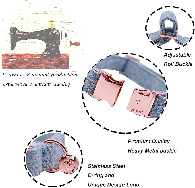 DOGWONG Hemp Cotton Dog Collar with Bow, Blue Pet Collar Durable Adjustable Puppy Collar for Large Dogs