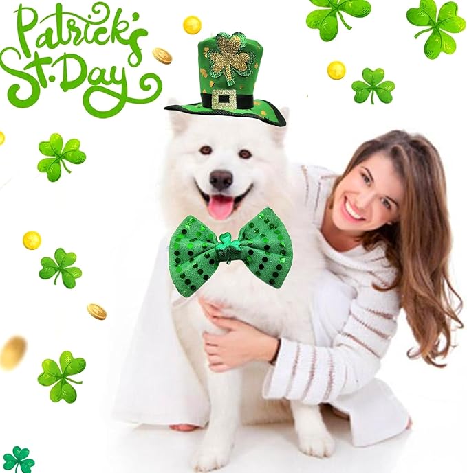 3PCS St Patrick's Day Pet Costume, St. Patty's Day Dog Top Hat Green Shamrock Bow Tie Doggie Collar Set for Large Dogs Puppy Outfit Cats Kitty Funny Irish Dog Clothe Accessories