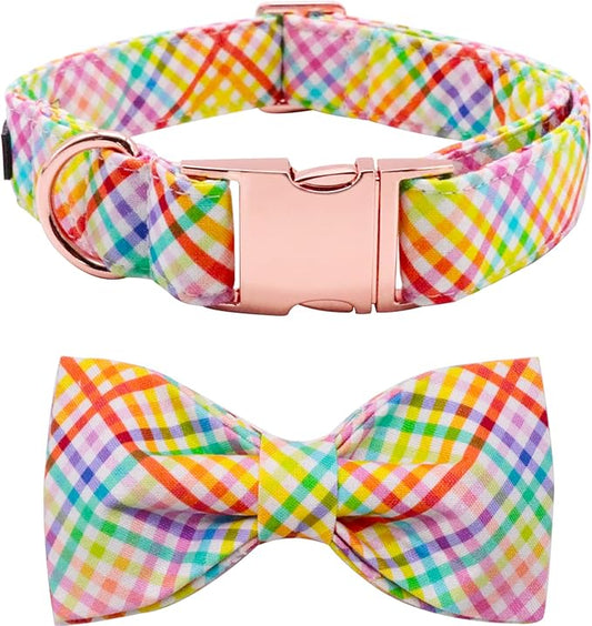 Lionet Paws Easter Dog Collar with Bowtie - Colorful Cute Cotton Bowtie Dog Collar with Metal Buckle for Medium Dog Girl Boy, M, Neck 13.5-22in