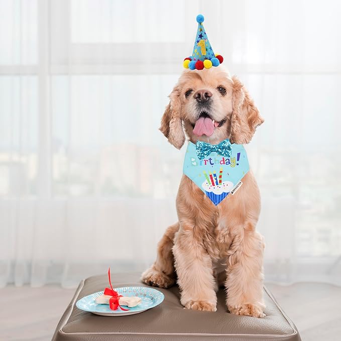 ADOGGYGO Dog Birthday Bandana Scarf and Blue Boy Puppy Birthday Party Hat with Cute Bow Tie for Small Dog Cat (Small)