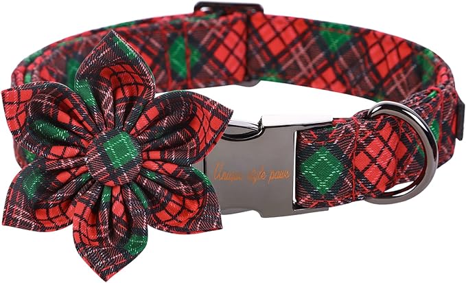 Unique style paws Christmas Dog Collar with Flower Tie Red Green Plaid Adjustable Cotton Puppy Collar for Small Medium Large Dogs-M