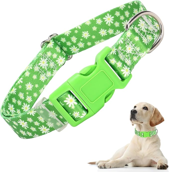 Dog Collars for Puppy Small Dogs, Cute Green Dog Collar with Daisy Flowers for Boy Girl Dogs, Adjustable Comfy Soft Pet Collar with Safety Buckle for XS Small Medium Large Dogs(XS)