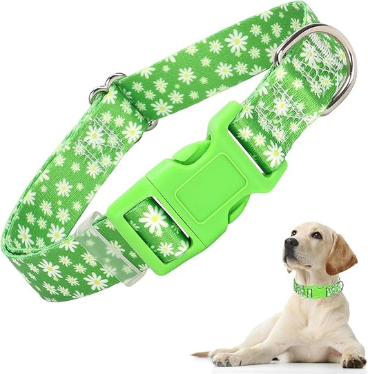 Dog Collars for Puppy Small Dogs, Cute Green Dog Collar with Daisy Flowers for Boy Girl Dogs, Adjustable Comfy Soft Pet Collar with Safety Buckle for XS Small Medium Large Dogs(XS)