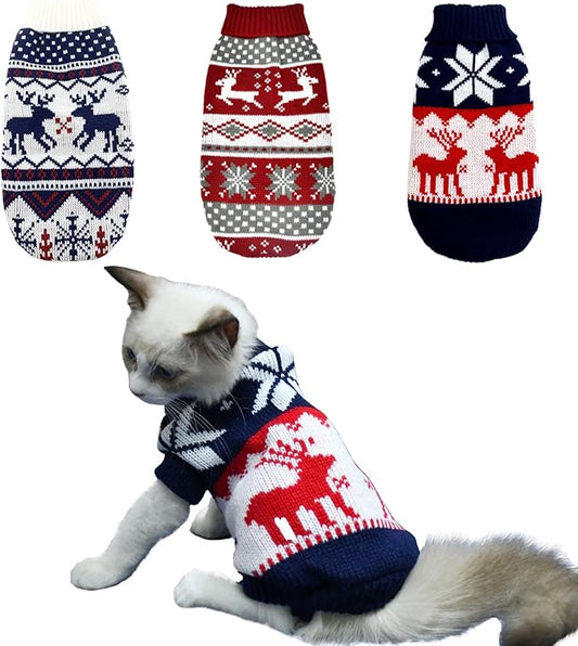 3Pcs Christmas Dog Sweater Costume Xmas Cat Knitwear Clothes Navy Blue White and Christmas Red Sweaters with Reindeers Snowflakes Pattern for Kitten Cat Puppy Dog XS