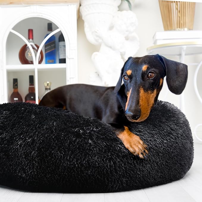 Black Dog Beds for Medium Dogs Washable Calming Bed for Dogs 28 Inches Black Calm and Anti Anxiety Faux Fur Round Medium Sized Pet Bed