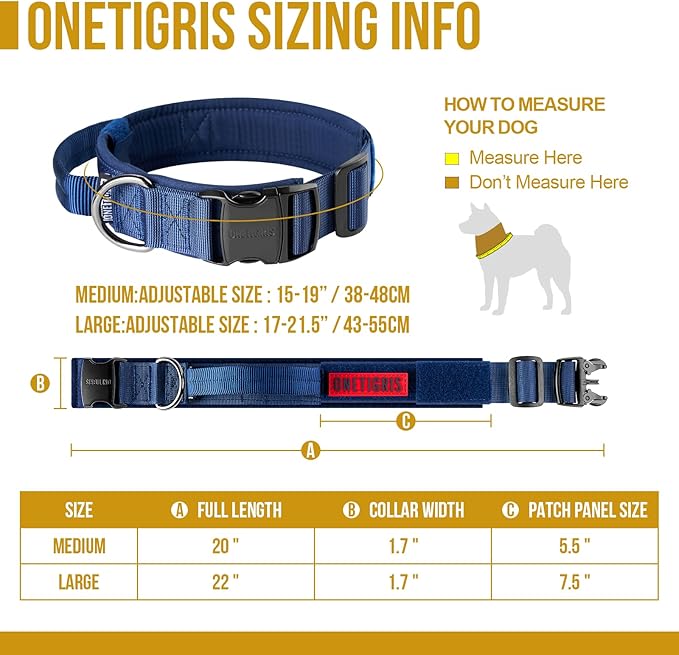 OneTigris Tough Dog Collars, Tactical Dog Collar with Handle, Milltary Adjustable Dog Collar with Heavy Duty Metal Buckle for Training (Medium,Blue)